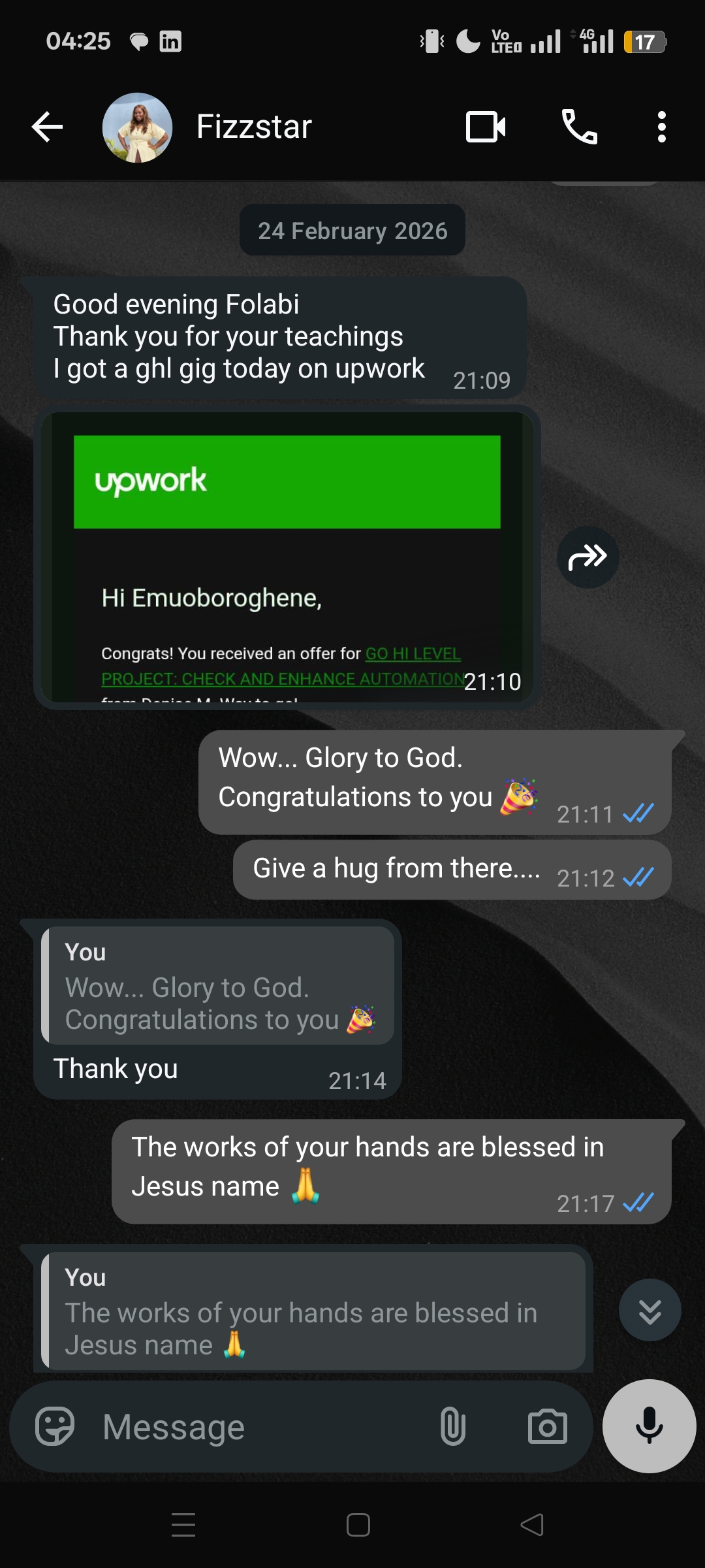 Fizzstar shares receiving a GoHighLevel gig on Upwork