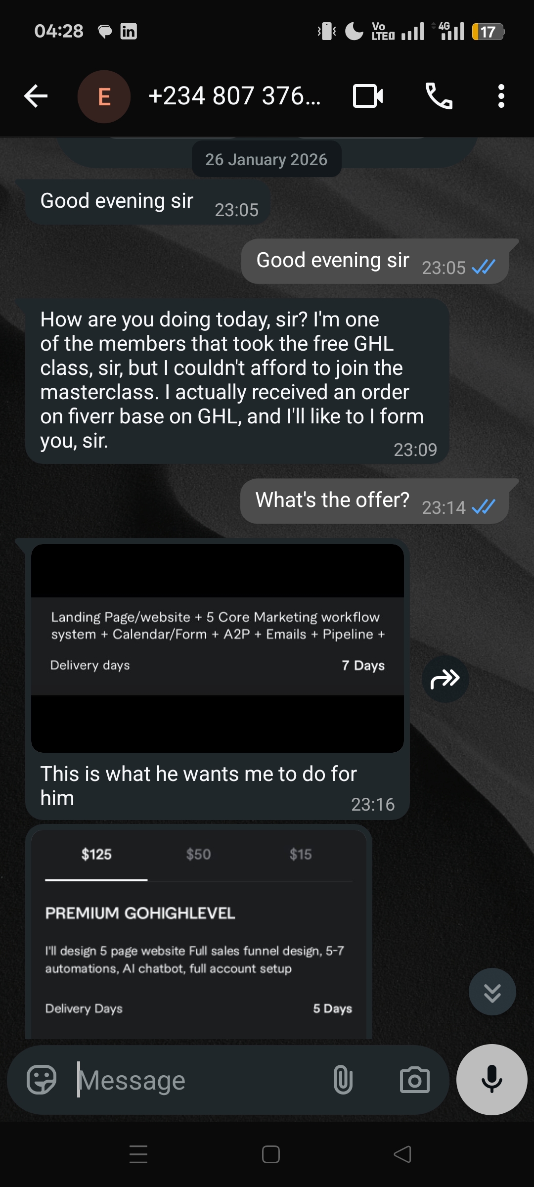A previous free GHL class attendee shares receiving a Fiverr order